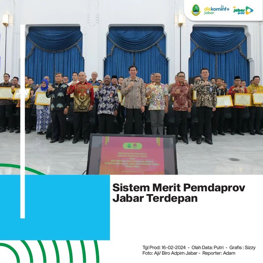 Sistem Merit Pemdaprov Jabar Terdepan 
Penilaian sangat baik dan tertinggi di Indonesia

Selengkapnya di jabarprov.go.id
#JabarJuaraIndonesiaJuara #JabarJuaraLahirBatin