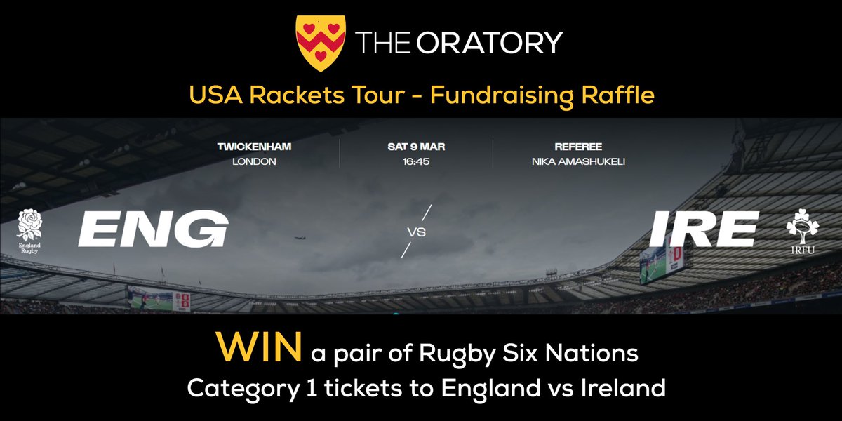 ⭐️USA Rackets Tour - Fundraising #Raffle⭐️ WIN a pair of Rugby Six Nations Category 1 tickets to England v Ireland at Twickenham on Saturday 9 March! Raffle tickets £20 each. To purchase, email Mrs Fahey: c.fahey@oratory.co.uk
Draw on Monday 26 Feb. @OratoryRacquets