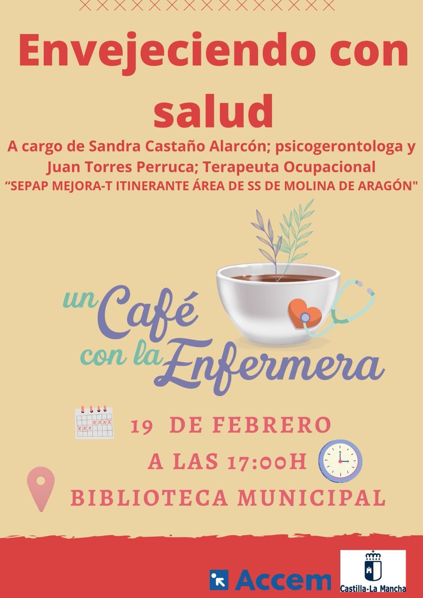 ☕ El próximo lunes te esperamos a las 17:00h en la Biblioteca para tomar un café y charlar con grandes profesionales sobre el envejecimiento y los cuidados útiles para hacerlo con buena salud. #checa #altotajo #Uncafeconlaenfermera #españarural #españavaciada #pnat