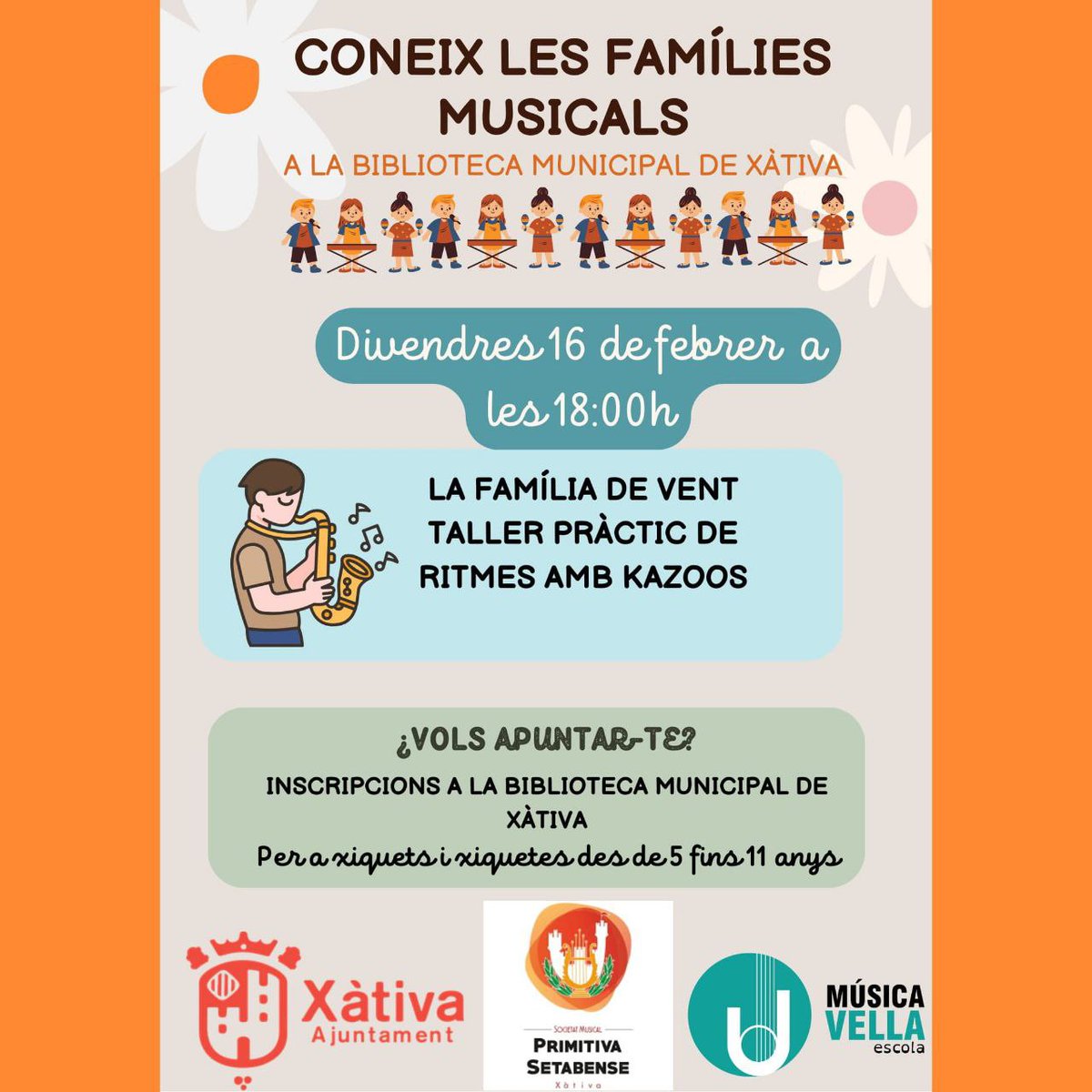 *TALLERS BIBLIOTECA* 

Hui divendres 16 de febrer es veiem a les 18h a la Biblioteca Municipal de Xàtiva amb un taller per a conèixer la família de vent. 

Us esperem !!