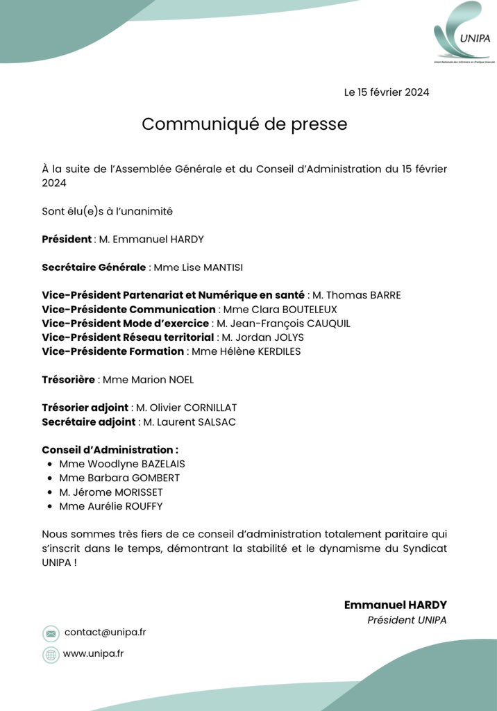 Syndicat_UNIPA's tweet photo. CommuniquĂ© de presse : composition du bureau et du Conseil dâAdministration Ă la suite de lâAssemblĂ©e GĂ©nĂ©rale du 15 fĂ©vrier 2024 https://t.co/tryE6ifx9M