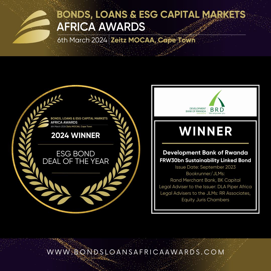 BRDbank's tweet photo. Thank you so much for the recognition🏆, @GFCMediaGroup!  We're thrilled to receive the Bonds, Loans & ESG Capital Markets Africa 2024 AWARD for ESG Bond Deal of the Year. 🌟 It's an honour to be acknowledged for our commitment to sustainability and innovation in finance. 

We couldn't have achieved this without the dedication of our amazing team and the support of our partners🙌. Looking forward to continuing our journey of excellence in financing sustainable development in #Rwanda and beyond! 🌍💰