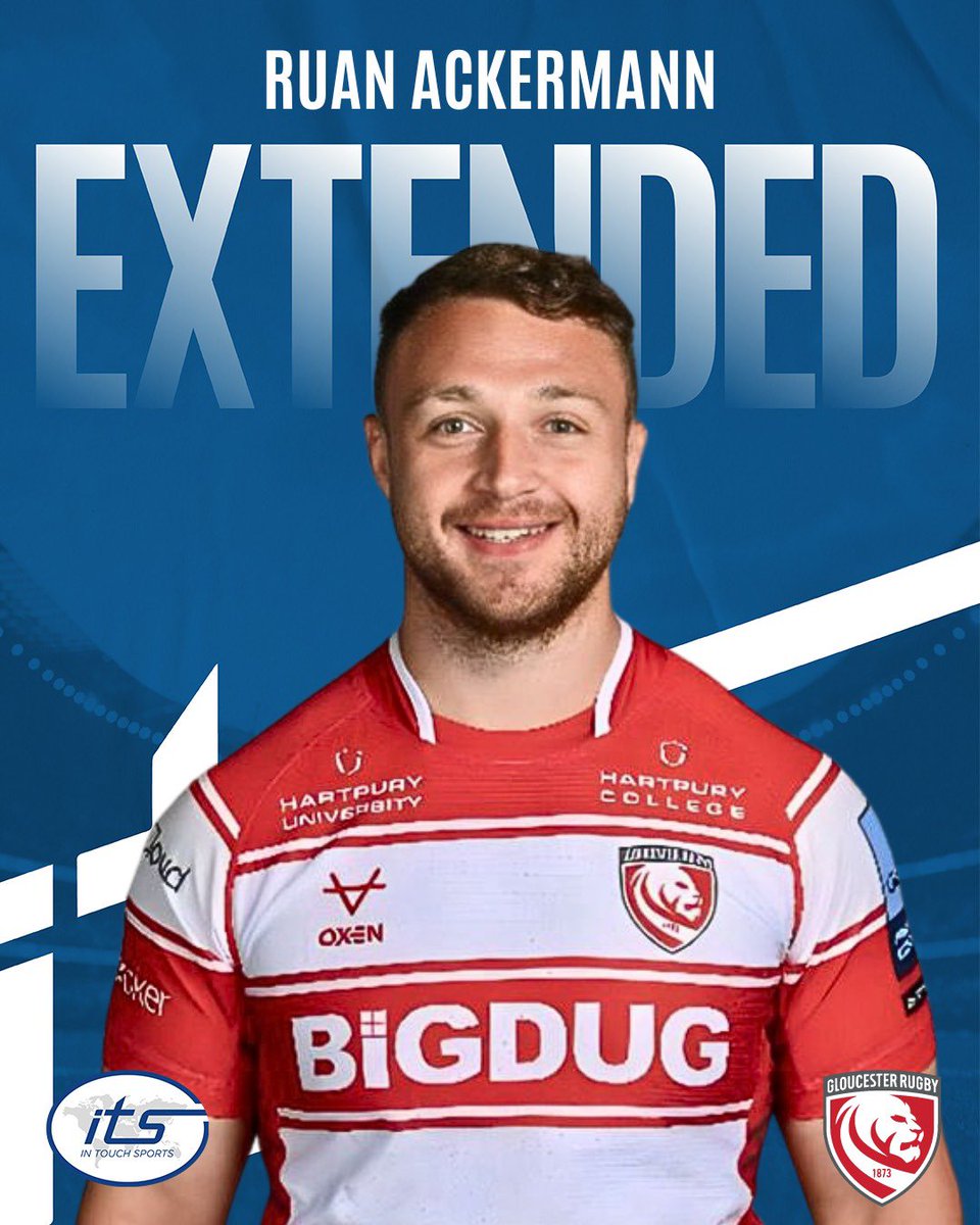 #Extension: ITS is delighted to announce that Ruan Ackermann has officially renewed his contract with @gloucesterrugby. Here's to another chapter of success and growth! #ITS #Gloucester #GloucesterRugby #rugby #intouchsports #ITSannouncement #ITSExtension #itsrugbydeals