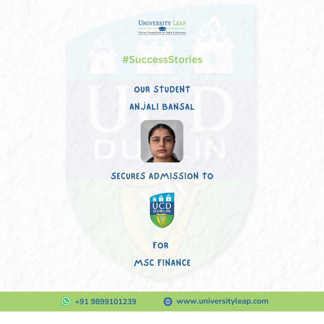 Universityleap's tweet photo. #SuccessStories

Our student Anjali Bansal secures admission to University College Dublin, for pursuing MSc Finance. Big congratulations to her for the Masters programme 🎊

If you’re looking to #StudyInIndia or #StudyAbroad then consult our Senior Mentor &amp; Founder Sakshi Mittal https://t.co/Vl2xXTe4CR