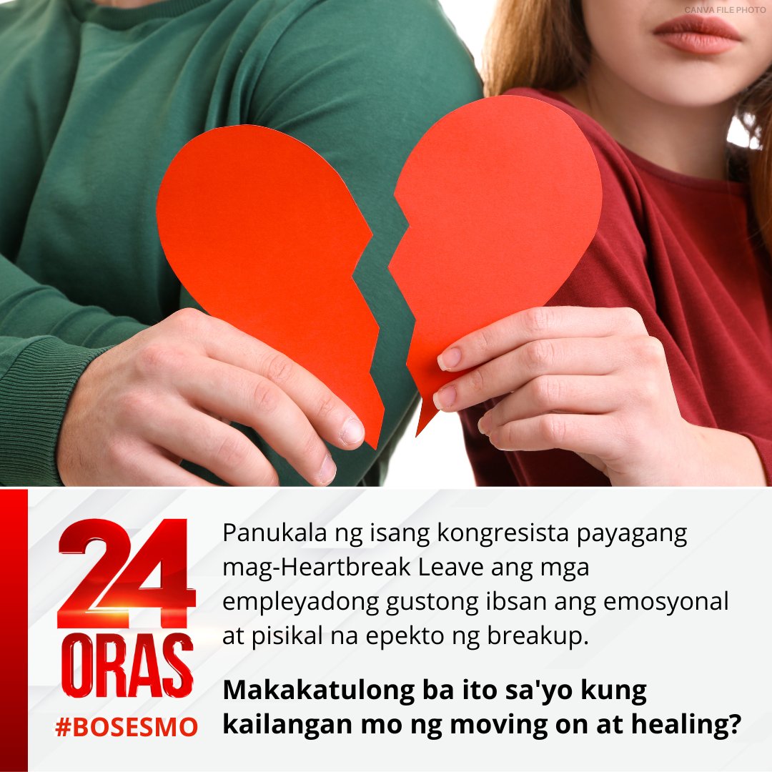 gmanews's tweet photo. Nagmahal, Nasaktan, Nag-leave?

Panukala ng isang kongresista payagang mag-Heartbreak Leave ang mga empleyadong gustong ibsan ang emosyonal at pisikal na epekto ng breakup.

Makakatulong ba ito sa'yo kung kailangan mo ng moving on at healing?

Iparinig ang #BosesMo sa aming comment section at maaari itong ma-feature sa 24 Oras!