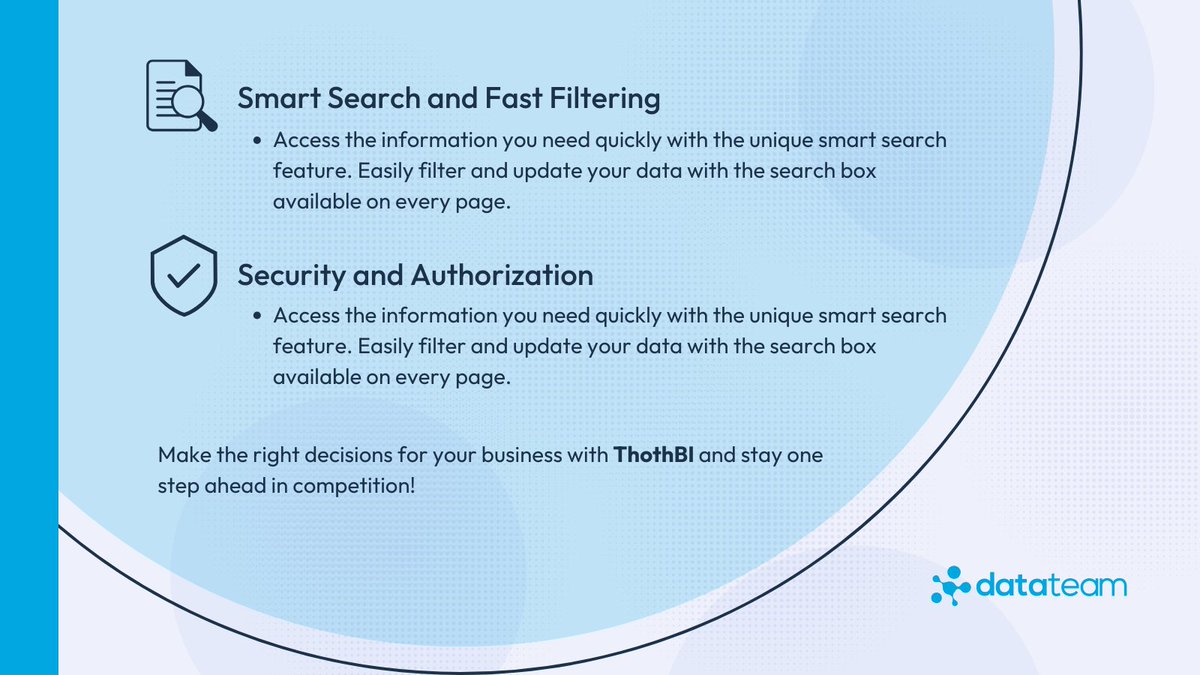 DatactiveTech's tweet photo. 🚀Advantages of Business Intelligence with ThothBI
Make the right decisions for your business with ThothBI and stay one step ahead in competition!
For further information, please don't hesitate to contact us with any inquiries.
➡️ https://t.co/WwHRX3OPW0💻
#ThothBI #DataAnalytics https://t.co/eH9CPXWJdD