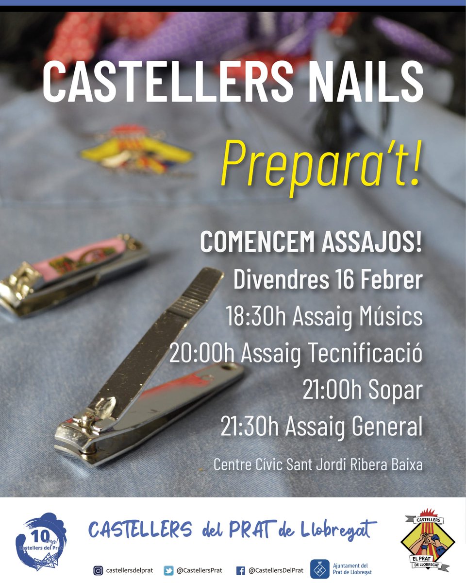 CastellersPrat's tweet photo. Comencem!!! Traieu la faixa de l'armari i, sobretot, prepareu el talla-ungles 😜

Us esperem al CC Sant Jordi - Ribera Baixa a partir de les 20h!! https://t.co/hsfXz3J0zQ