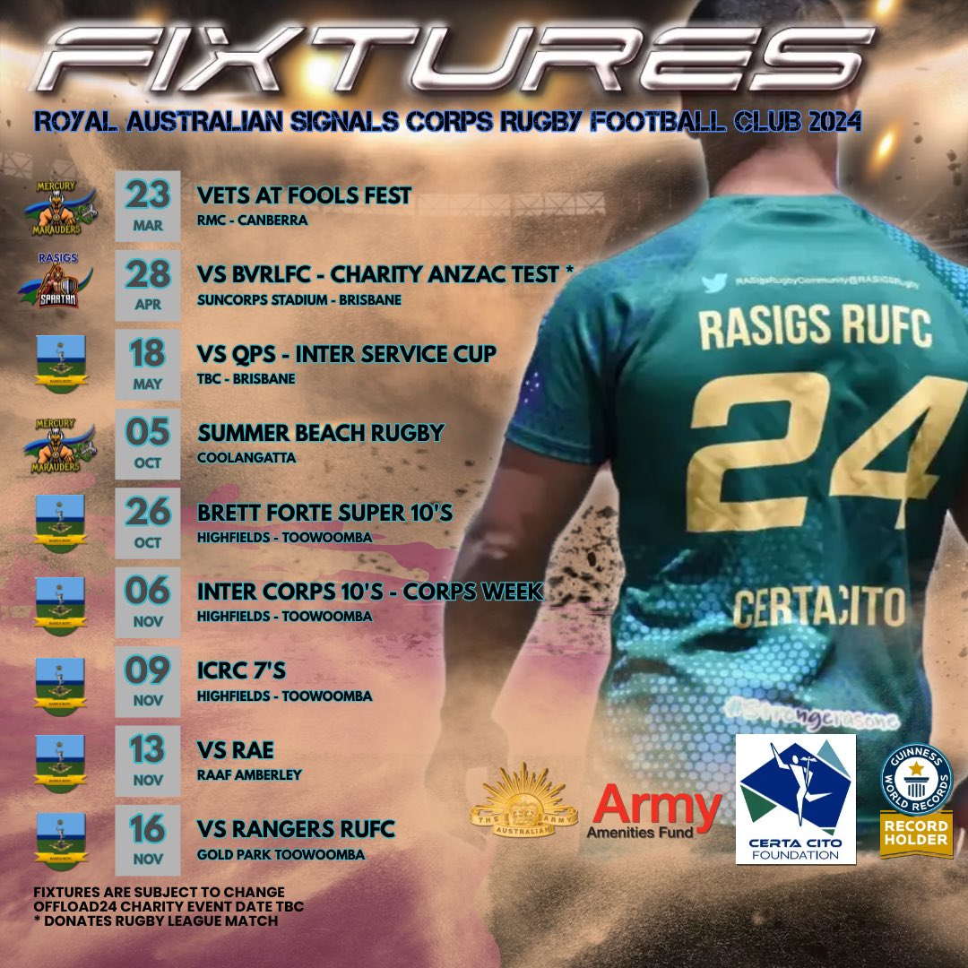 RASIGSRugby's tweet photo. RASIGS RUFC fixtures for 2024! Looking forward to a cracking year ahead.. @6bde @RASIGS @AustralianArmy @ACTVetsRugby https://t.co/1CwVCQoSsQ
