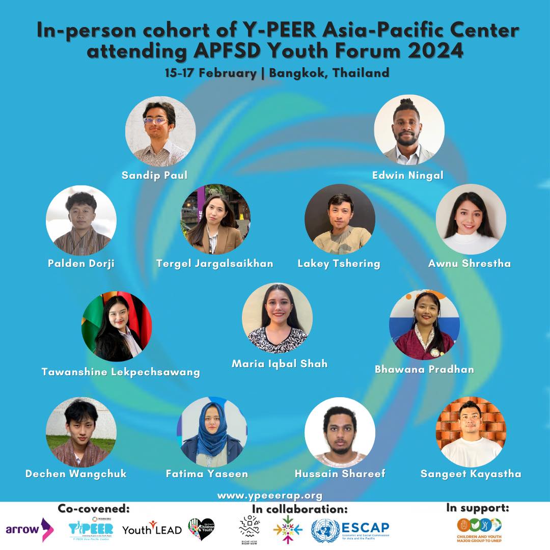 In-person cohort of Y-PEER Asia-Pacific Center attending APFSD Youth Forum 2024. 15-17 February | Bangkok, Thailand @ypeerap @ARROW_Women @YouthLEADAP_