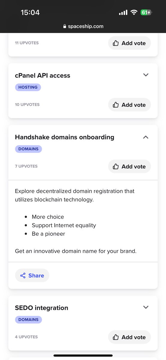 HermesChriss's tweet image. Dear @HNS community,

Great news for you! 

Spaceship Registrar is earnestly considering onboarding #Handshake #Domains.

Let&apos;s contribute our votes; perhaps we can expedite this onboarding process.

spaceship.com/roadmap/?featu…

$hns #HNS