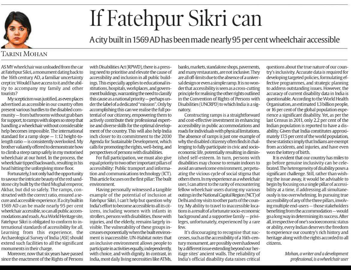 MohanTarini1's tweet photo. Excited to share my Op-Ed in @IndianExpress, exploring India's accessibility challenges. My visit to Fatehpur Sikri underscores the urgent need for universal accessibility. Read more: https://t.co/igYd9iQ6Xk #Accessibility #Inclusion #BuiltEnvironment #DisabilityInclusion https://t.co/CBnt3h7dy2