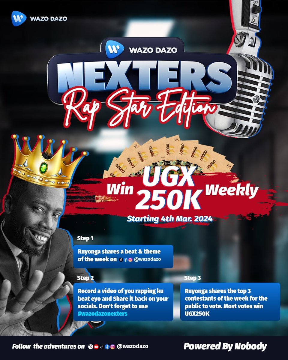 ChrisOwaVideo's tweet photo. Calling up all Rap Aficionados! @wazodazo has something for you. Get a chance to win cash every week.
Check image below for more details!
Powered by Nobody.
@ruyongamusic | @wazodazo
#WazodazoNexters
#RapEdition #Ad https://t.co/ZcUorXjPH2