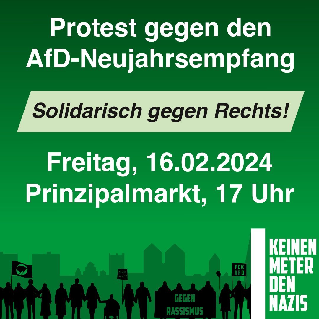 Heute protestieren wir mit vielen Tausend Menschen gegen den Neujahrsempfang der extrem rechten AfD in #Münster. Einen Infoticker gibt es bei unseren Freund*innen von @eklat_ms Nutzt die Hashtags #ms1602 und #noafd.