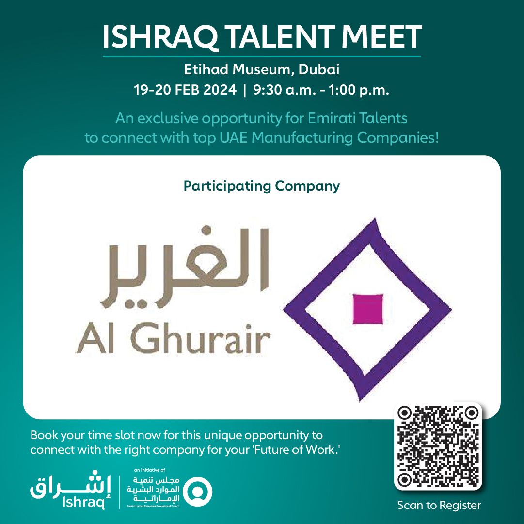 Discover exciting opportunities with Al Ghurair at the Ishraq Talent Meet! 

Scan the QR code on the image to secure your time slot and connect with industry leaders. 

#alghurairfood #careeropportunities #networking #fmcgjobs #ishraqevents #uaejobs #talentacquisition #jobfair