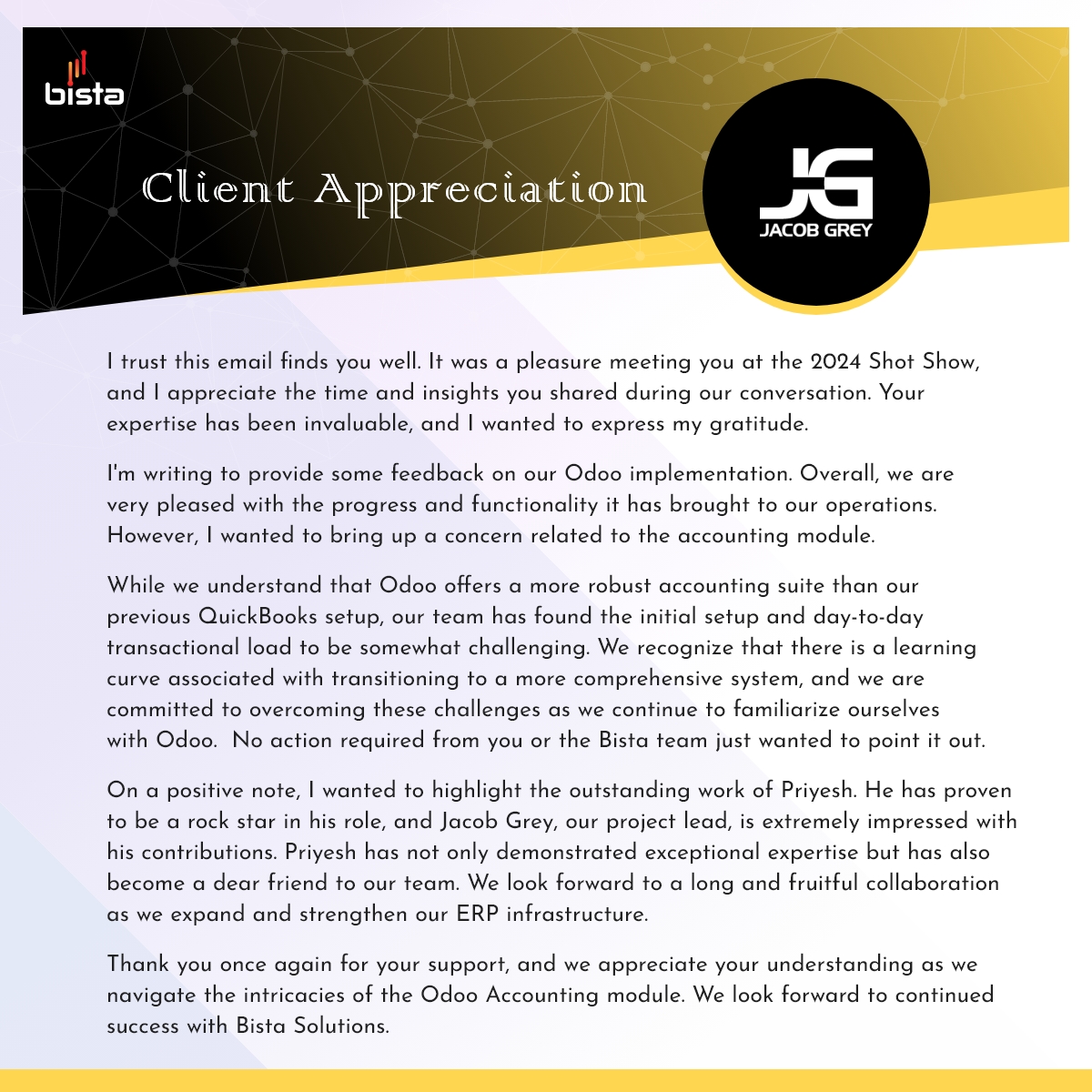 BistaSolutions1's tweet photo. We extend our sincere appreciation to #JacobGrey for selecting us as your trusted partner.
Reach out to us for a complimentary consultation: https://t.co/EcGsAdeRMq
#odoopartner #PartnersInSuccess #teamworkmakesthedreamwork #odooexperts #erpsolutions https://t.co/TLoUGqs4ld