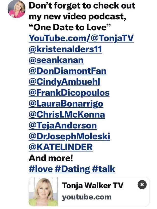This is so exciting! Tonja Walker has a new show on YouTube!!! 

youtube.com/@TonjaTV?si=0x…

#OneDateToLove 
#Dating #Celebrities 
#Soapstars #NewPodcast 
youtube.com/@TonjaTV?si=0x…
#dating #Celebrities 
#podcast #spotify #IMDb 
#Amazon #Itunes