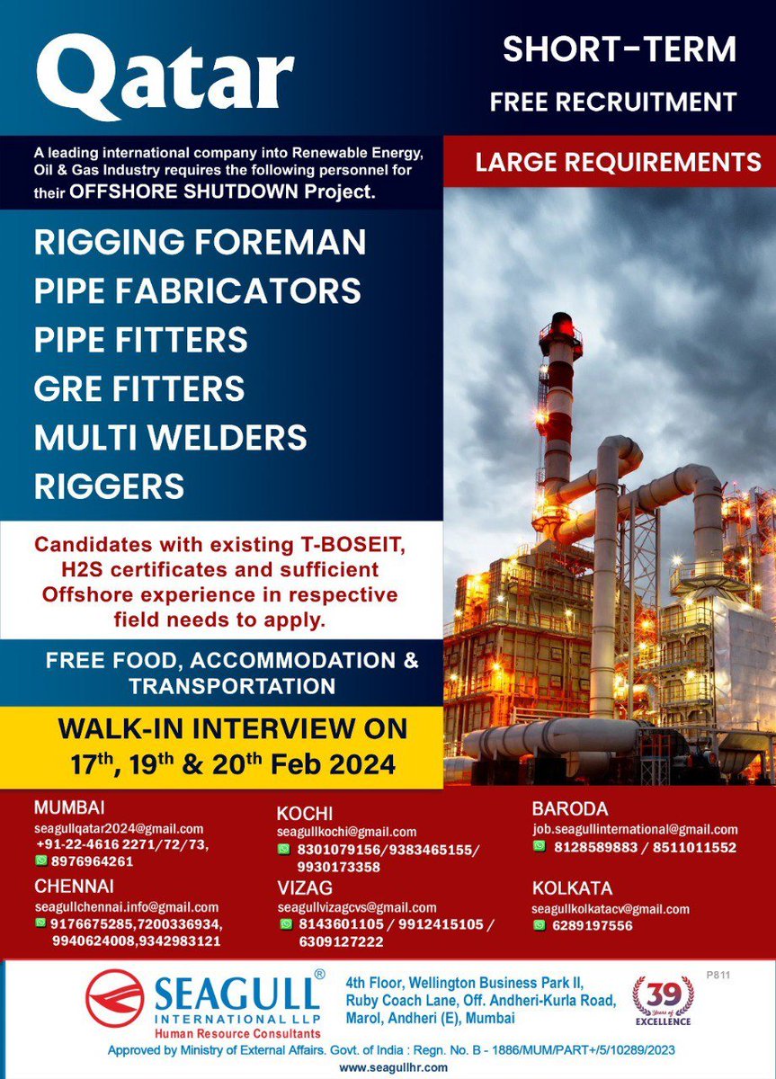 hrd1_seagull's tweet photo. 🇶🇦Qatar Jobs
✔Free Recruitment
!! Large Requirement - Short Term Projects
📝Walk In Interview On 17th ,19th & 20th Feb 2024
📍Location- Mumbai , Chennai , Kochi , Vizag , Baroda & Kolkata
.
.
.
#qatarjobs #seagull #rigging #foreman #pipefitters #grefitter #multiwelders #riggers https://t.co/DzDFQAICmo