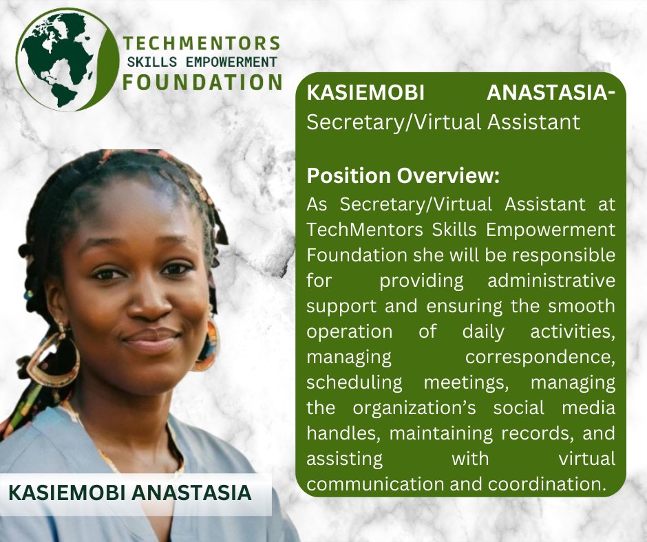 Techmentor79138's tweet photo. Meet Kasiemobi Anastasia Ugwuanyi, our Secretary/Virtual Assistant at TechMentors Skills Empowerment Foundation! 
She ensures smooth operations by managing correspondence, scheduling meetings, and facilitating virtual communication. 

Congratulations, Kasiemobi Anastasia!
#tsef https://t.co/ggI6Vn9DwA
