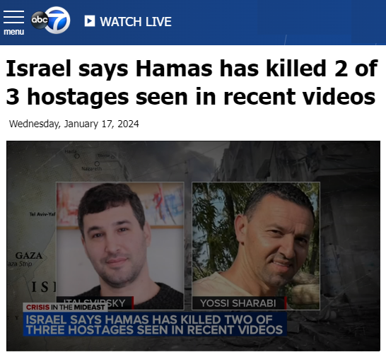 zei_squirrel's tweet photo. Israeli propaganda January 16, repeated by all of Western media: "Hamas killed hostages including Yossi Sharabi."

Israeli media one month later: "Yeah ok we actually killed him ourselves, exactly like Hamas said originally."

no mention in Western media https://t.co/Zqn7DZc9a2