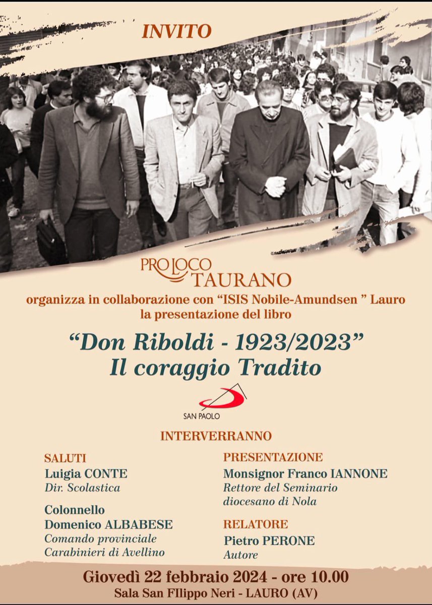 A Lauro il 22 febbraio per discutere del libro “Don Riboldi il coraggio tradito”. La sfida alla camorra, 40 anni fa, quando i messaggi rivolti ai giovani non erano così falsi e pericolosi come oggi e i riferimenti culturali ed educativi ben più solidi.