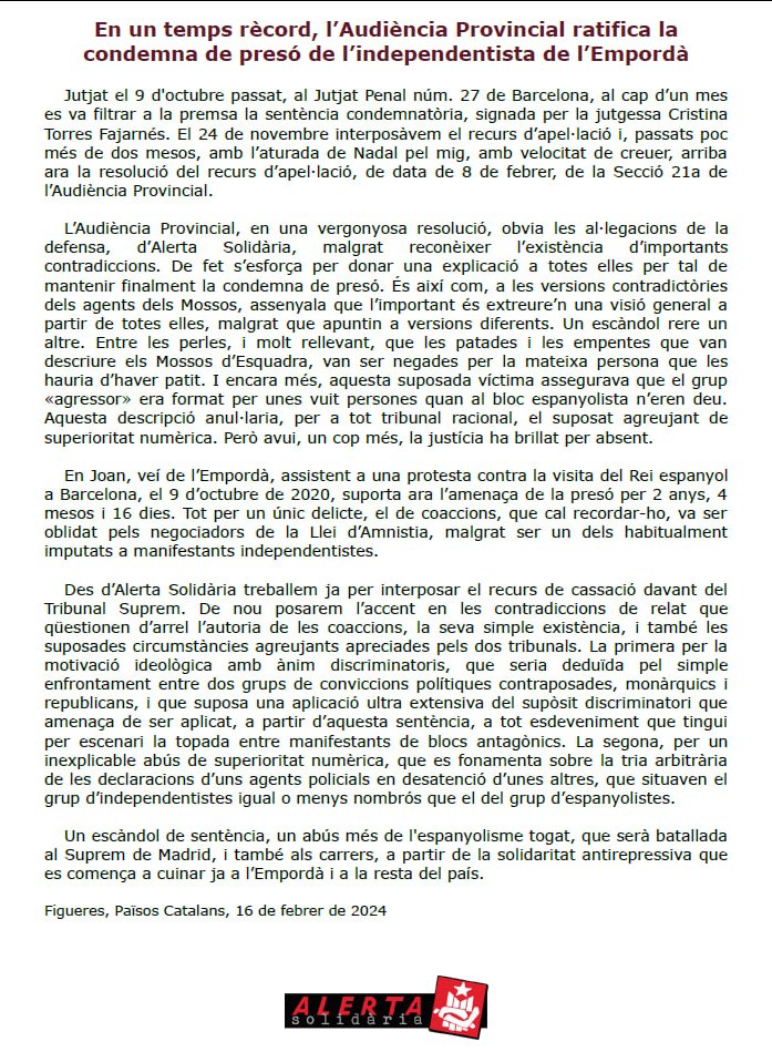 ⚠️ RATIFICADA LA PRESÓ PER AL JOAN DE L'EMPORDÀ!

L'Audiència Provincial justifica la condemna per coaccions, de 2 anys i 4 mesos, tot restant importància a contradiccions notables com que les agressions que els mossos imputaven al Joan van ser negades per la suposada víctima!