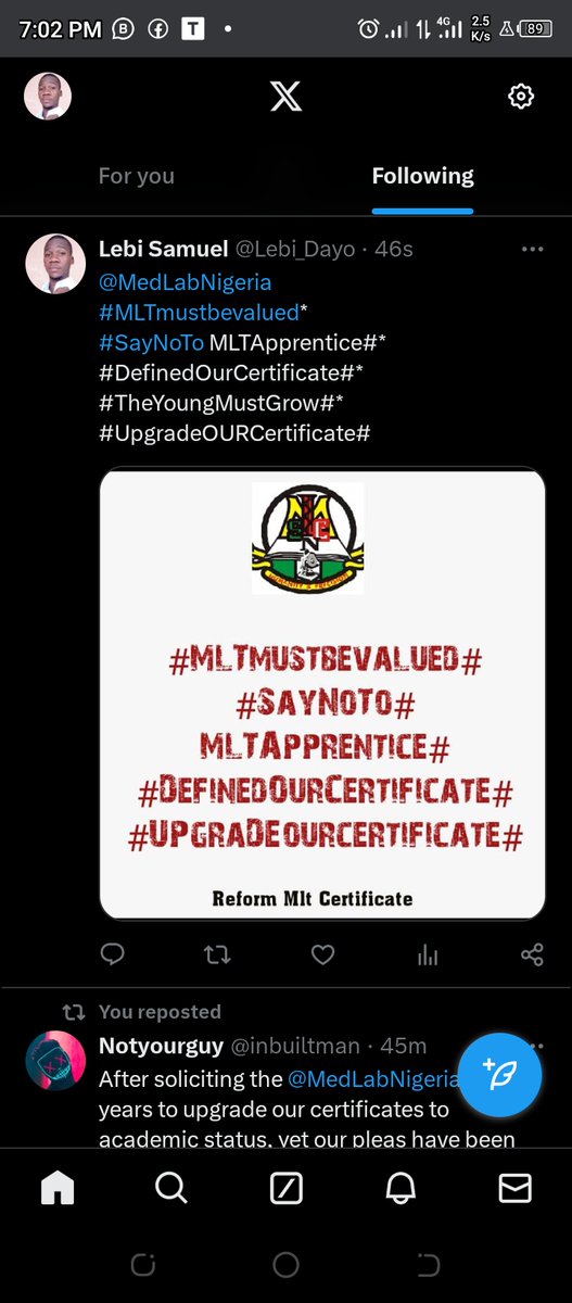 @MedLabNigeria *#MLTmustbevalued*
*#SayNoTo MLTApprentice#*
*#DefinedOurCertificate#*
*#TheYoungMustGrow#*
*#UpgradeOURCertificate#*