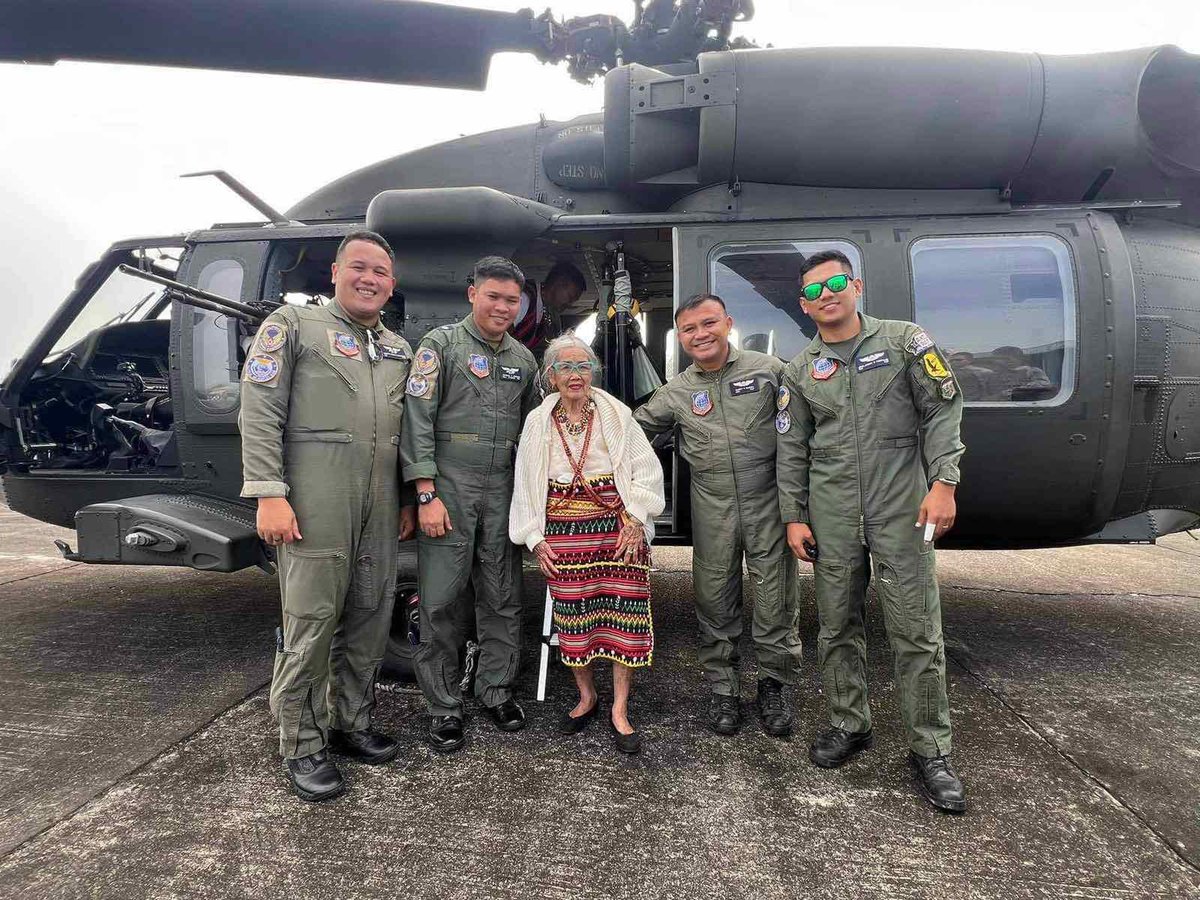 TeamAFP's tweet photo. A “LEGENDARY” JOURNEY | The AFP is grateful for the safe journey of Apo Whang-od from her remote village in Buscalan, Kalinga, to Manila and back on February 15 using Philippine Air Force’s Black Hawk helicopter. 

#OneAFPOnePHILIPPINES
#StrongAFPStrongPHILIPPINES
#AFPyoucanTRUST https://t.co/w9JiKHQv2t
