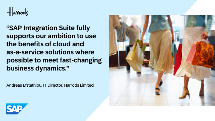 The iconic department store of Harrods in London’s Knightsbridge is synonymous with luxury. To support its digital transformation and strategic shift to an e-commerce platform, the company selected SAP Integration Suite to connect both cloud and on-premise technologies.