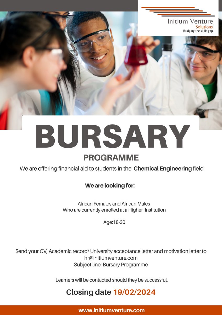 Attention to aspiring chemical engineering students out there! You can pave your way to success by applying for this bursary program! Please share this opportunity with the students in need so they can benefit from it. Below are more details. #chemicalengineering #bursary