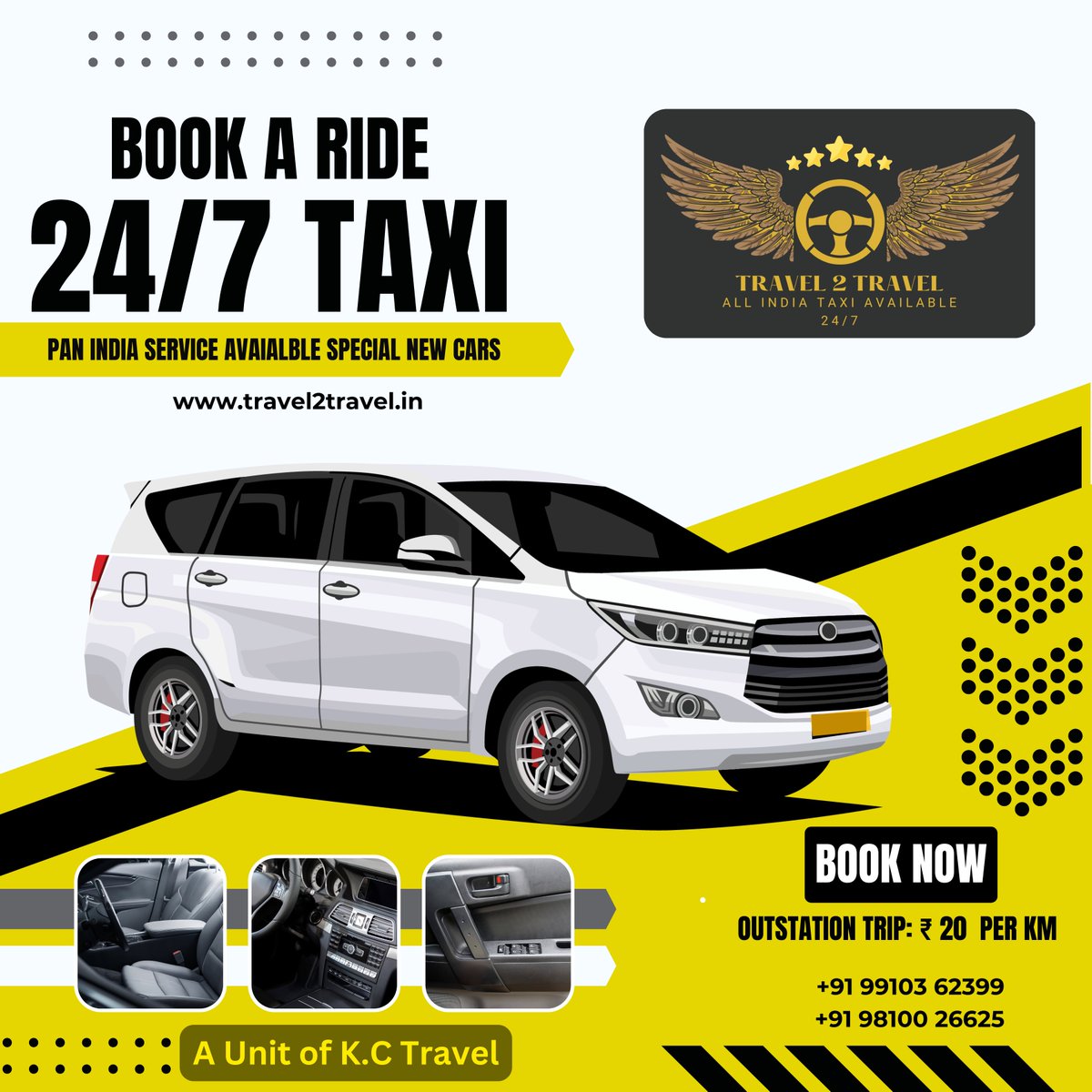 🚗 **Explore the Roads with Travel2Travel - A Unit of K.C Travel! 🌐✈️**
Book your ride now and let the adventures begin! 🌟 #Travel2Travel #KCTravel #ExploreWithUs