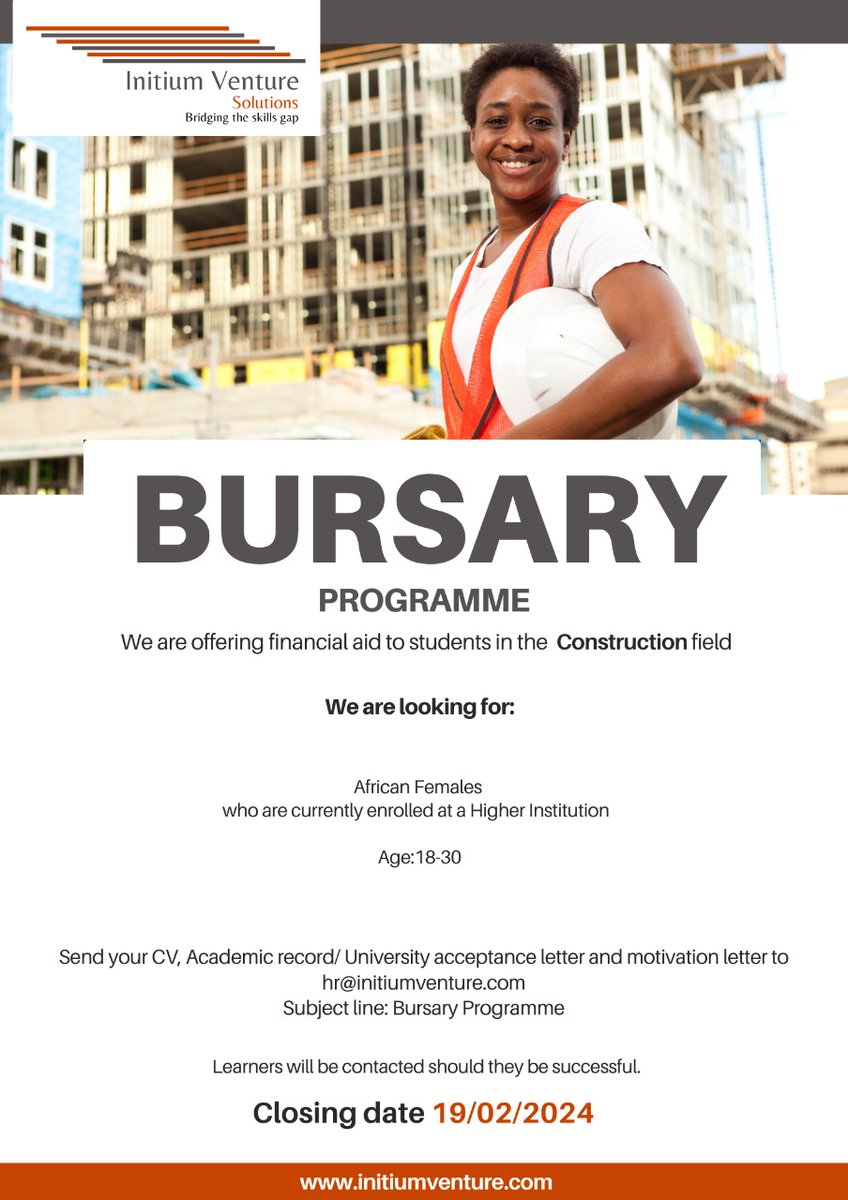 Are you a student at the Higher Institution studying Construction? We have a bursary program that will sponsor for your studies. More info on the poster below! Please share this post with students in need of financial aid and help us make their dreams come true.