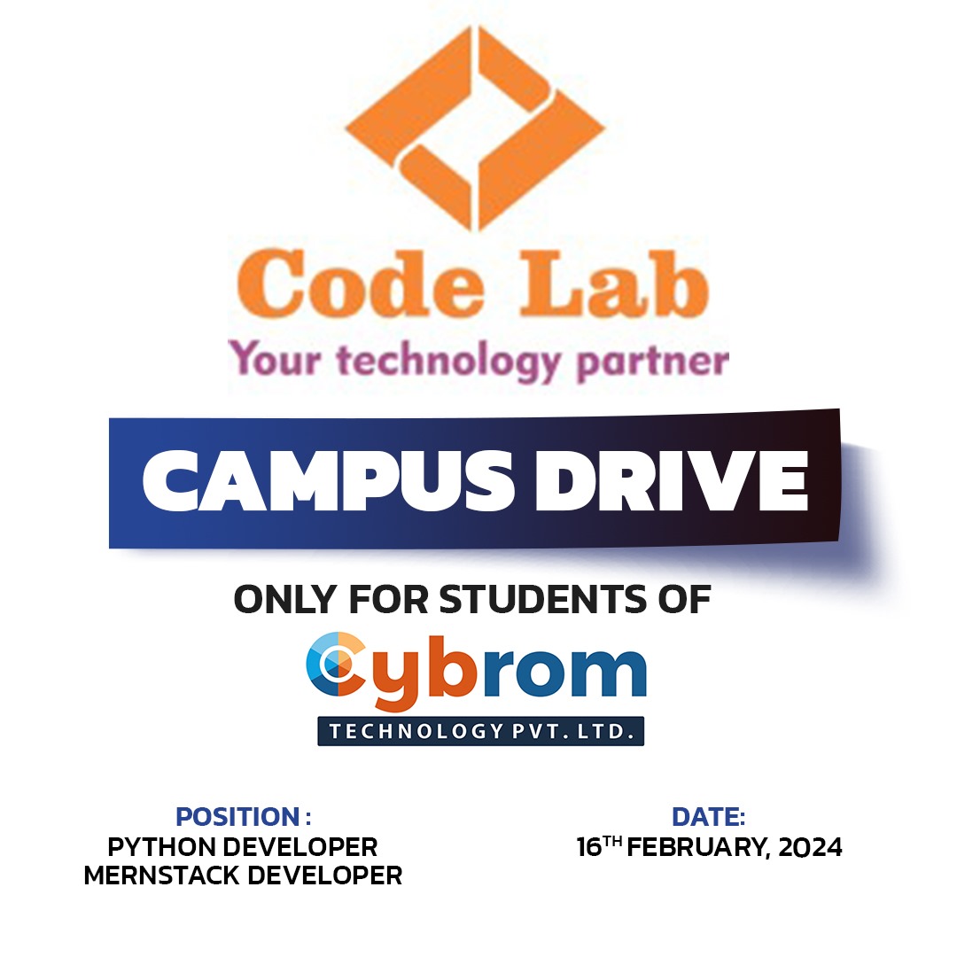 cybrom_tech's tweet image. Anticipate thrilling opportunities ahead! Enroll in the specialized Code Lab Drive designed for Cybrom students.
Take your career to new heights with us! #CodeLab #CampusDrive #TechCareers
Openings for: Python & MernStack Developer
Event Date: 16’th Feb 2024