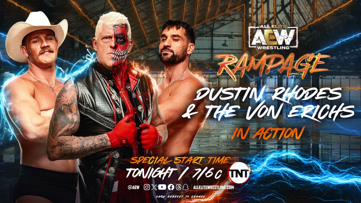 DEEP IN THE HEART OF TEXAS! @DustinRhodes & the #VonErichs will be in ACTION TONIGHT! Don’t miss #AEW Rampage at its SPECIAL START TIME TONIGHT at 7pm/6pm CT on @tntdrama!