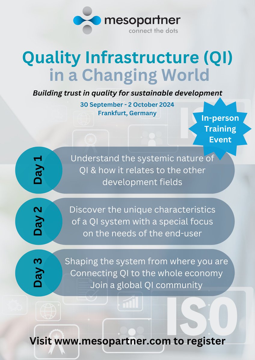 Mesopartner's tweet photo. ‼️Training event announcement‼️
Quality Infrastructure in a Changing World - Building trust in quality for sustainable development

Find all the event information at https://t.co/SJKKkIJbLu. 

QI topic page: https://t.co/9gquElusby  
QI4D blog: https://t.co/kVQn2GboQ1 https://t.co/MpPU6ZGTml