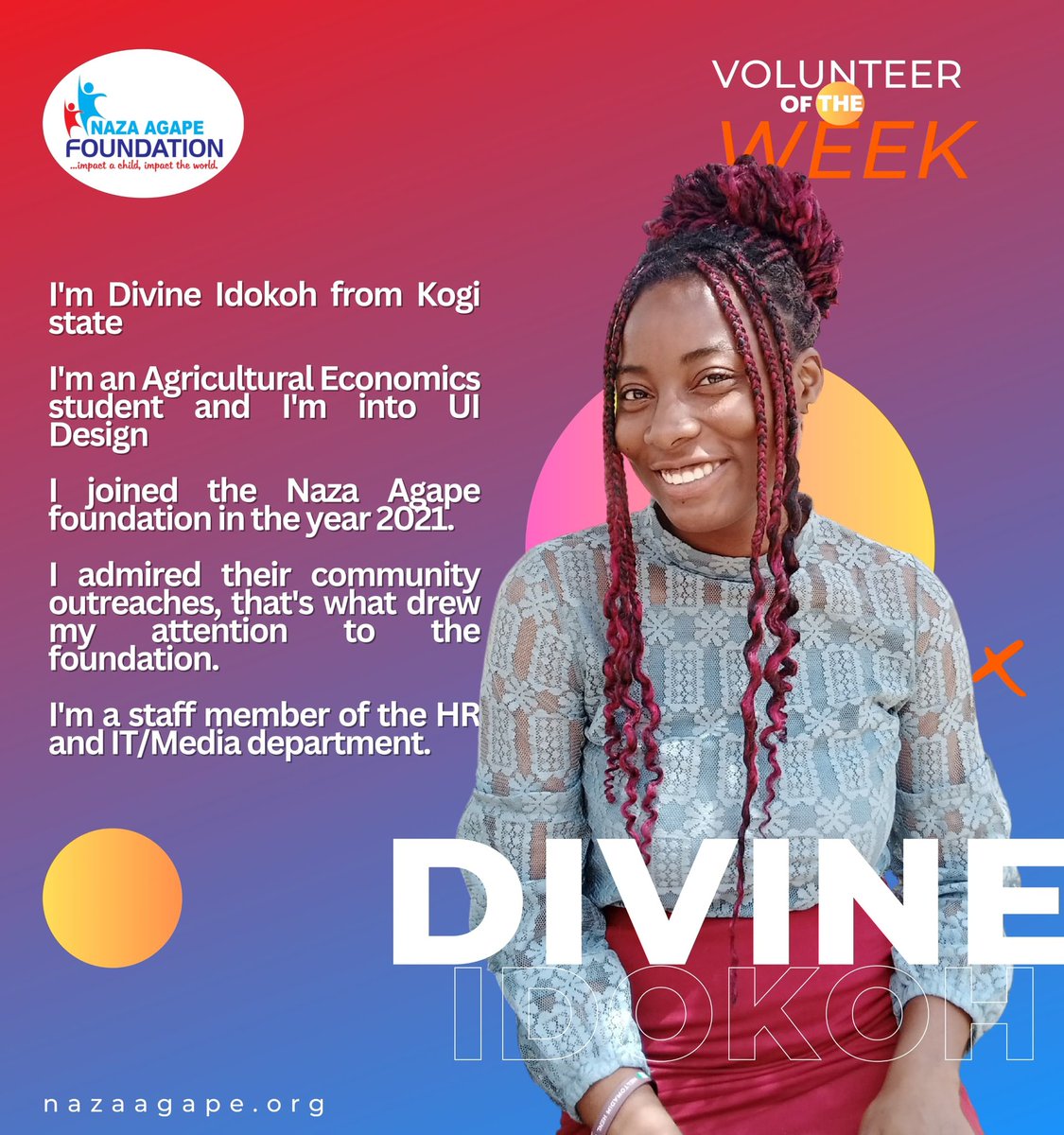 NazaAgape's tweet photo. Celebrating our first volunteer of the week for 2024 🎊
Dedicated and committed Tech Sis 🤓 @ojo__chide
Keep up the good works, continue impacting lives, Divine!
@naza_agape_foundation | #VolunteerOfTheWeek
#volunteernigeria
#volunteers
#impactalife
#impacttheworld https://t.co/7bvytlcjZL