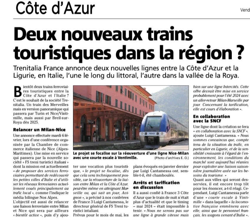 LaurenceBoetti's tweet photo. Je me réjouis de cette avancée de Trenitalia #trains de connecter le littoral à la vallée de la Roya. #Europe
#transfrontalier #MIE
@InterregALCOTRA
@_Eusalp #Euroregion
@MaRegionSud @RenaudMuselier
@cestrosi https://t.co/nS195x0JcB