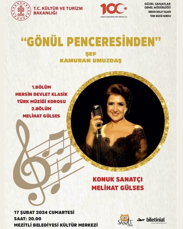 17 Şubat Cumartesi akşamı gerçekleştireceğimiz Türk Müziğinin duayen sanatçılarından Melihat Gülses hanımefendinin de konuk sanatçı olarak katılacağı bu özel müzik akşamına tüm sanatseverleri bekleriz.
Biletler için : 
biletinial.com/tr-tr/mekan/me…