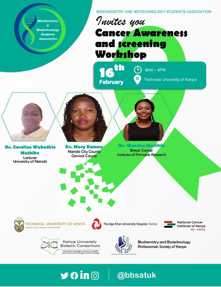 BBPSK_Kenya's tweet photo. Join us today at The Technical University of Kenya for an event aimed at Creating awareness against Cancer in collaboration with the Biochemistry and Biotechnology Students Association (BBSA-TUK). https://t.co/to3rXFHAoD