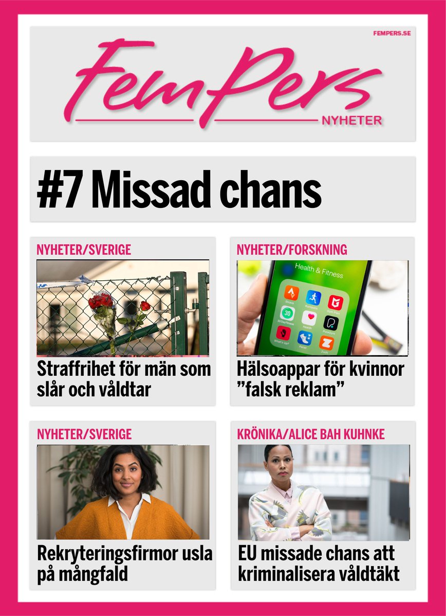fempers's tweet photo. Feministisk fredag! #7 Missad chans
Utbredd #straffrihet för män som slår och våldtar
#Rekryteringsfirmor sämre än företag på #jämställdhet och #mångfald
Många #hälsoappar för kvinnor är ”falsk reklam”
Det var #diskriminering när en kvinna omplacerades
🔗 https://t.co/q1e1CJFDRg https://t.co/frkCpzv9DJ