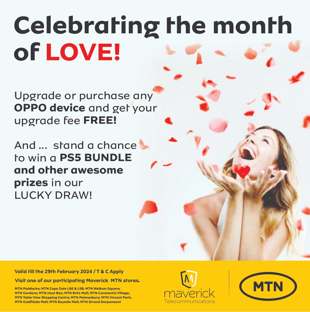 TableviewCentre's tweet photo. Upgrade or purchase any Oppo device &amp; enjoy the luxury of having your upgrade fee waived. Plus, you'll automatically be entered into MTN's Valentine's Lucky Draw where you could win a thrilling PS5 bundle &amp; other prizes! Offer is valid until the end of Feb or while stocks last. https://t.co/NrrVPOWxXe