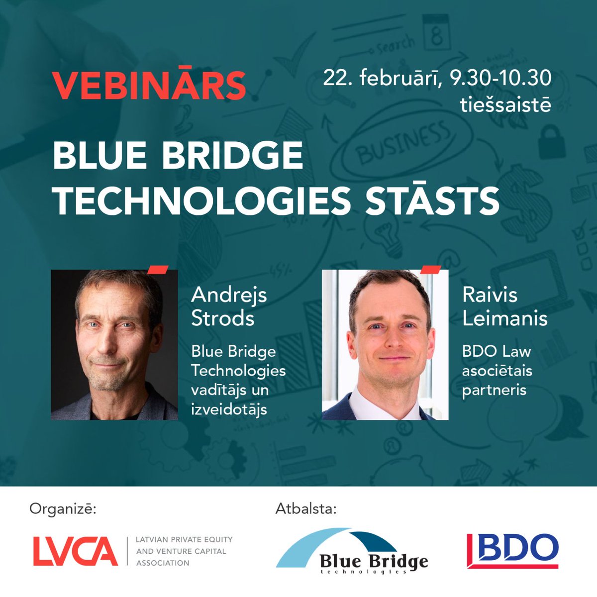 Atgādinām, 22.februārī 9:30 - 10:30 būs iespēja pievienoties vebināram, lai atklātu, kas palīdzēja Blue Bridge Technologies kļūt par Latvijas medicīnas nozarē vadošo programmatūras izstrādātāju. Reģistrācija: forms.gle/23s6B4VjEeadLm…