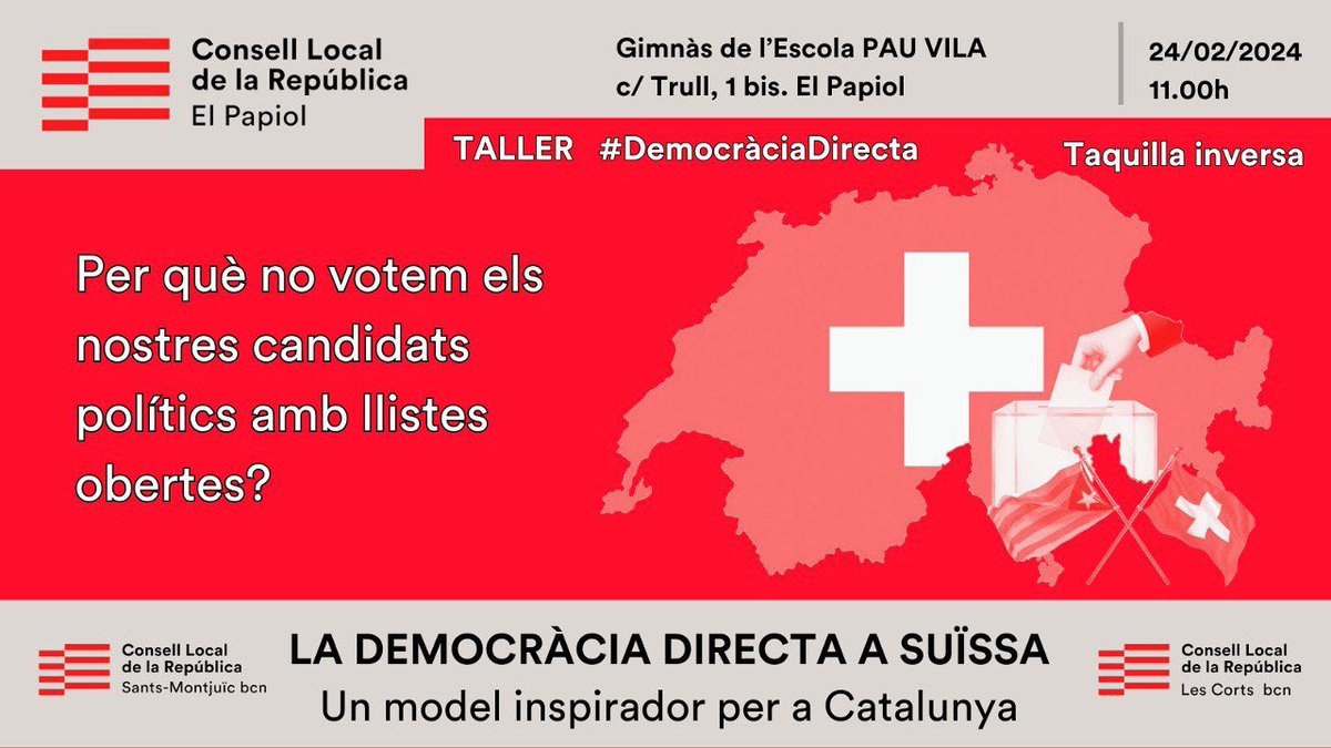 📌 QUÈ ÉS LA #DEMOCRÀCIADIRECTA ❓
Et convidem a EL PAPIOL el proper 24 de Febrer a les 11h
 NO T'HO PERDIS‼️
🔵 Inscripció:
forms.consellrepublica.cat/public/1707061…
I si no ets membre del Consell:
sants.bcn@consellslocals.cat
✳️ TAQUILLA INVERSA  
T'hi esperem!!
