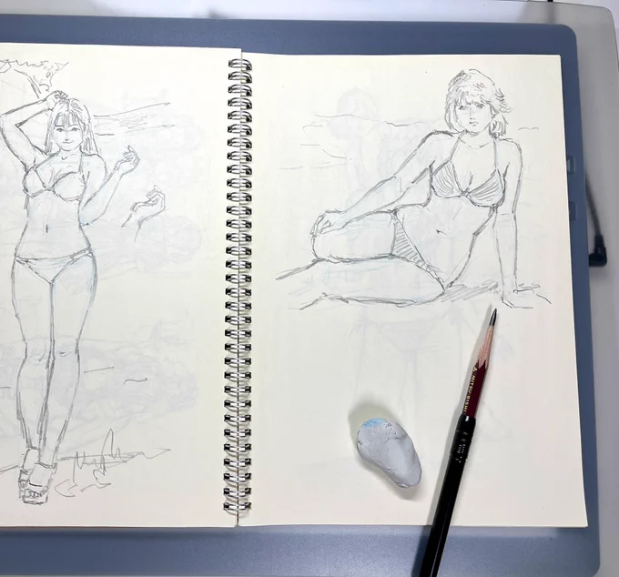 あらためて制作過程を…🎨  構図を決めるための 写真デッサン➡️  ラフスケッチ➡️下書き  色紙へ清書➡ (線画は油性色鉛筆の 黒&グレー/2H鉛筆)  透明水彩で彩色➡️ (肌〜薄い色から順番に)  ポスカラでホワイト線➡️完成