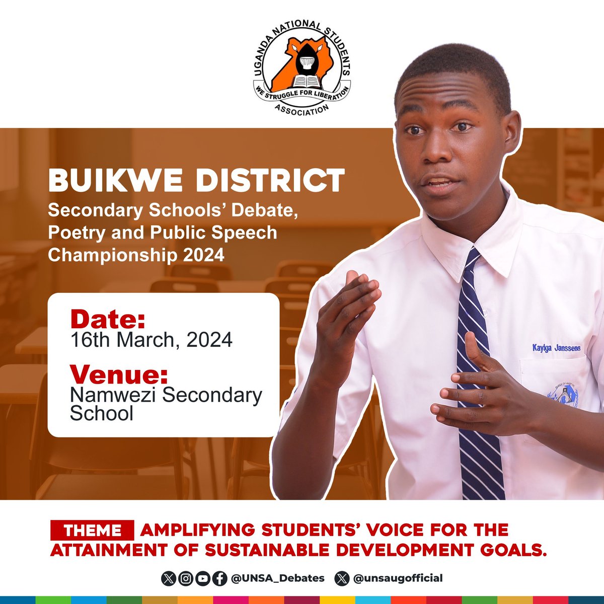 The Uganda Secondary Schools' Debate, Poetry, and Public Speech Championship (#USSDPSC24) by @unsaugofficial is scheduled for Buikwe District for its inaugural District Competition, aiming to commit to #LocalizingSDGs and empowering youth voices across Uganda.
Admin: @kat_festo