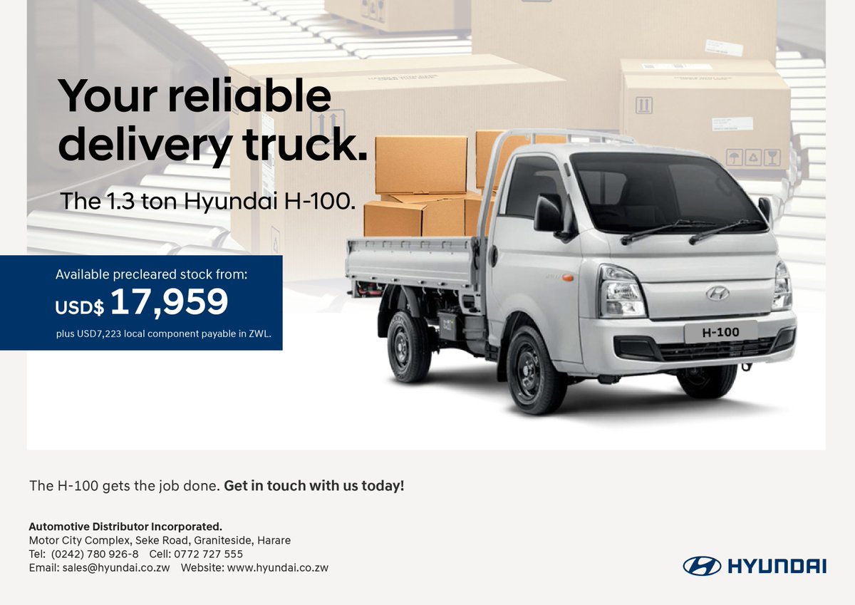 For a reliable delivery truck; Look no further than the Hyundai H100. Pre-cleared stock available. Contact us today! #HyundaiH100 #HyundaiZimbabwe