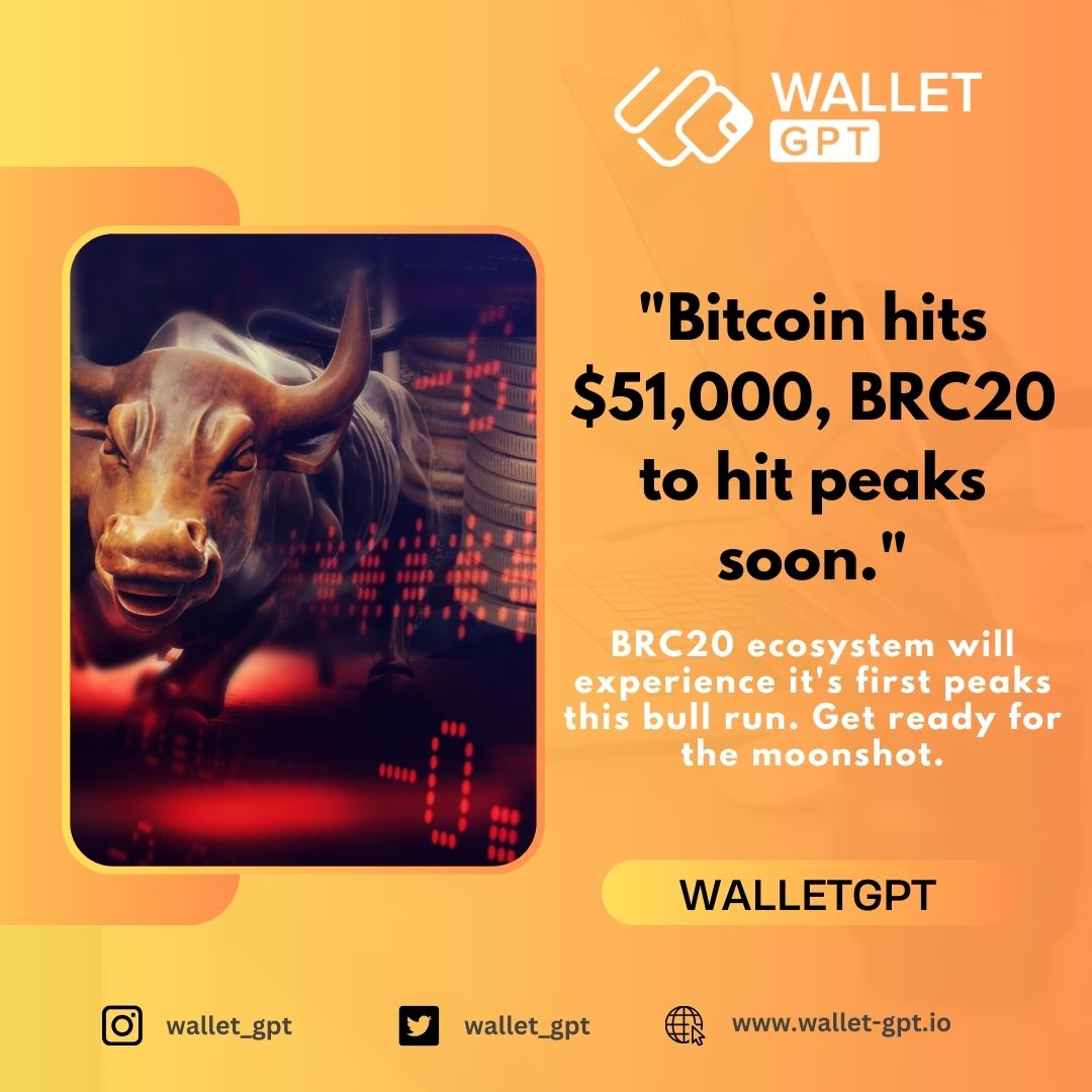 wallet_gpt's tweet photo. #Bitcoin soaring past $51,000 is a great sign for BRC20 ecosystem. As potentially the last few blockchains with true decentralization #BRC20 ecosystem is all set to rise and rise this #bullrun. https://t.co/QQNrJu2P1t