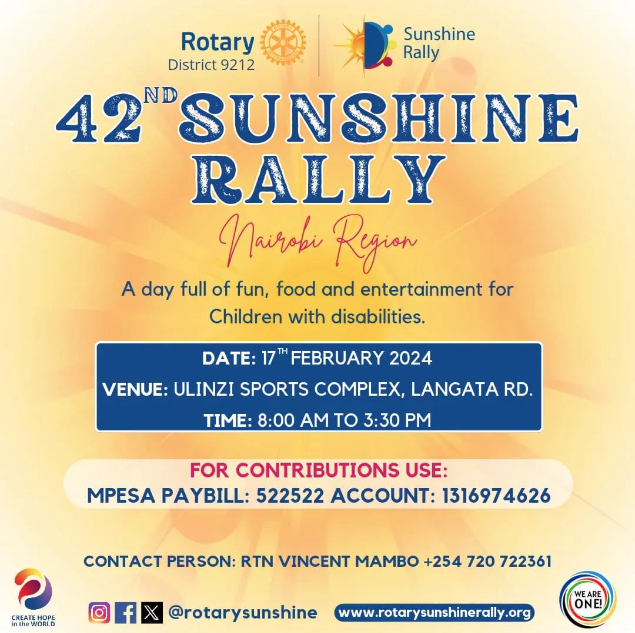 RotaryJabali's tweet photo. Get ready for a Sunshine-infused adventure as Rotary District 9212 brings you the most anticipated event of the year - The Rotary Sunshine Rally!☀️

Join us on *Saturday 17th February, 2024 at Ulinzi Sports Complex, Lang'ata Road* for the Nairobi Region Rotary Sunshine Rally ☀️💙 https://t.co/znWtDK56wu