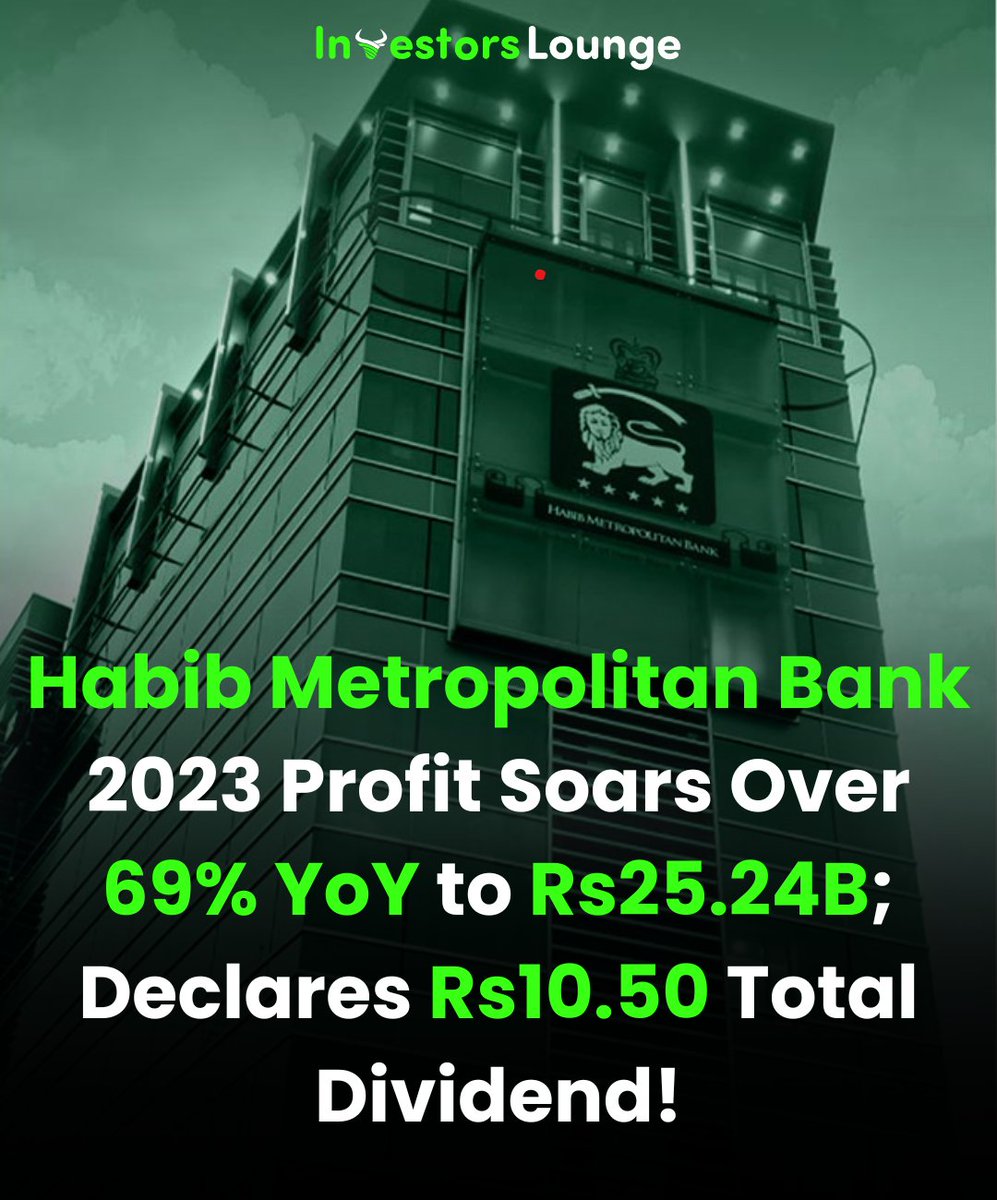 @HMBPakistan Bank's stellar 2023: Rs25.24B profit, a remarkable 69% YoY surge! Board declares Rs10.50 total dividend. 🚀💰 #HMB #BankingGains #ProfitSurge #DividendDeclaration
