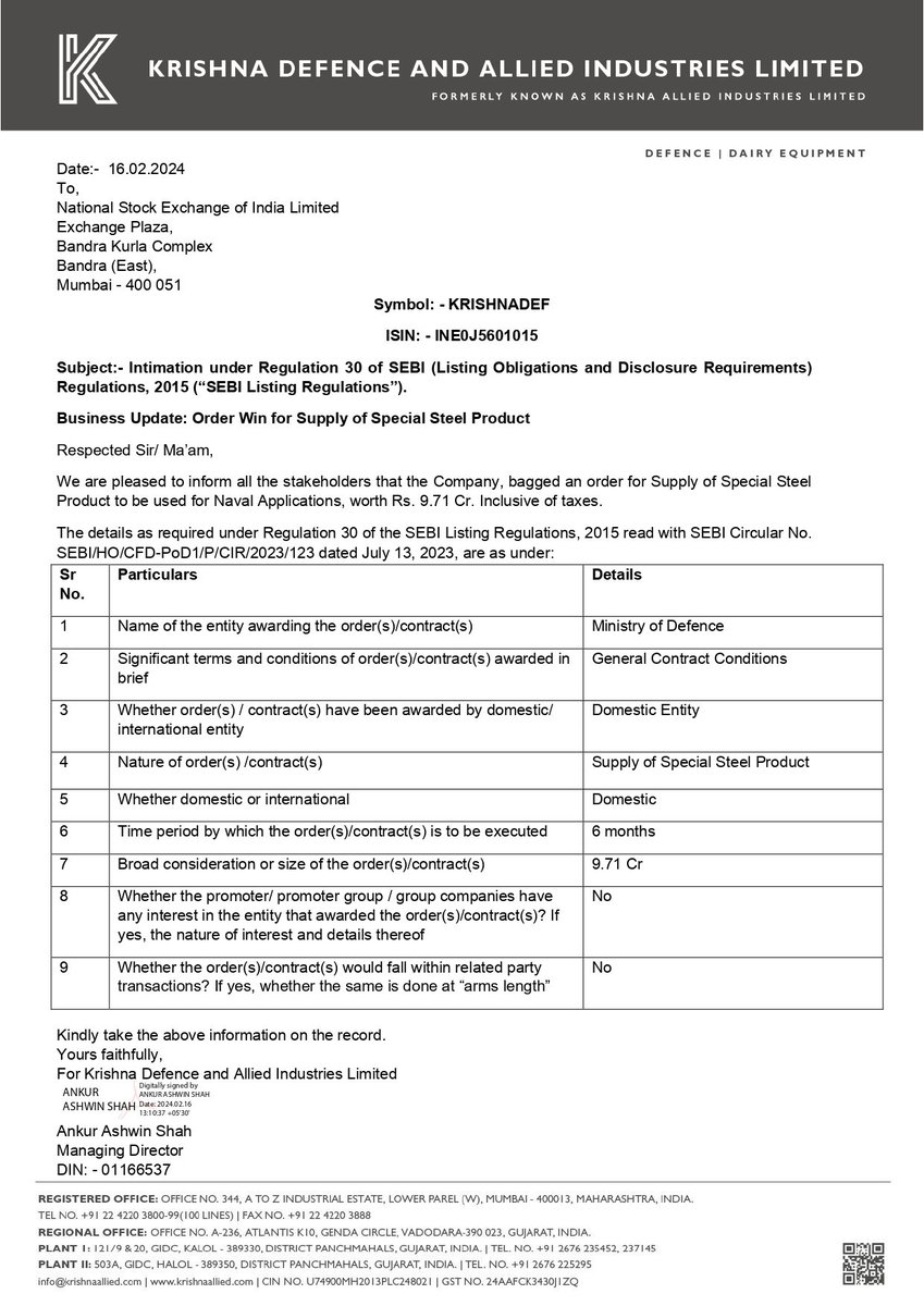 nileshkurhade's tweet image. 📌 Krishna Defence and Allied Industries Ltd. informed the exchange about bagging an order worth ₹9.71 Cr. inclusive of taxes for the supply of Special Steel Product used in Naval Applications by the Ministry of Defence. #SME #KRISHNADEF 🛳💼