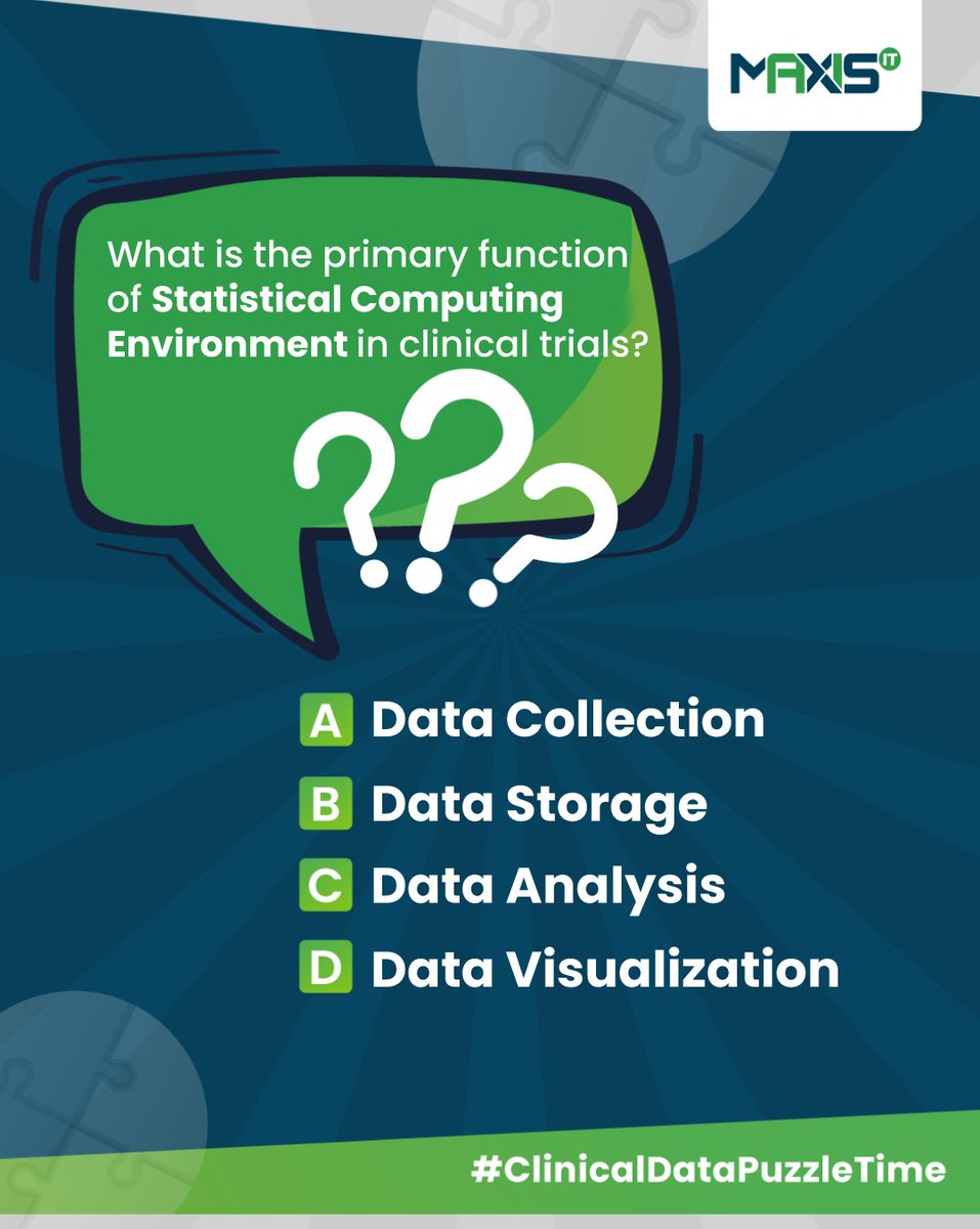 MaxisITInc's tweet image. 🔍 Join our #ClinicalDataPuzzleTime quiz to unravel the role of Statistical Computing Environment in clinical trials! Share your insights and explore data precision in clinical research. Drop your answers in the comment section below. 📊💡
#ClinicalData #StatisticalComputing